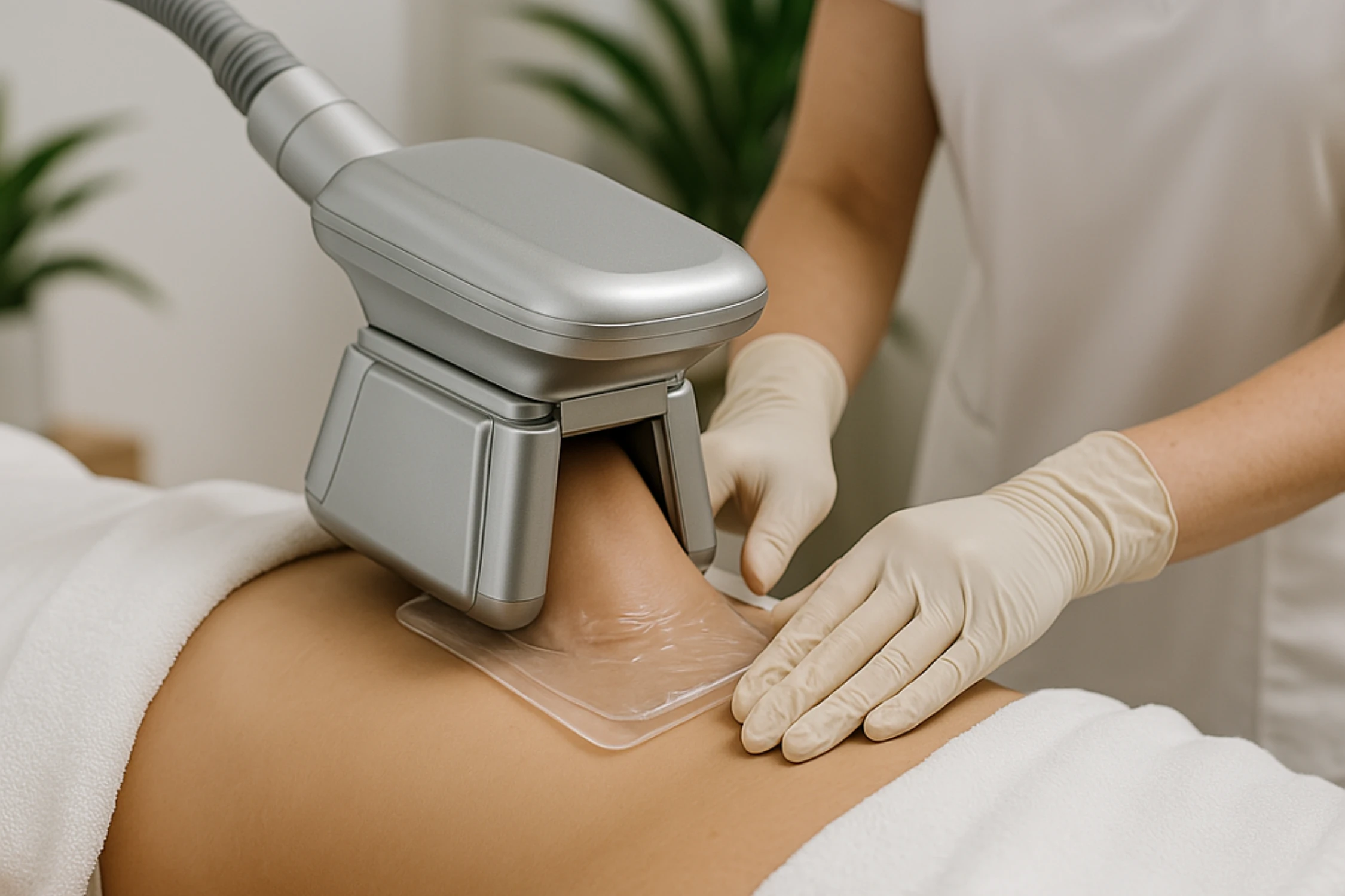 Patient lying on treatment table with cryolipolysis applicator being positioned on lower abdomen in a modern medical spa