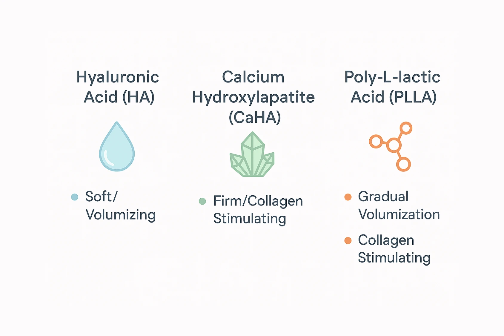 Infographic comparing hyaluronic acid, calcium hydroxylapatite, and PLLA dermal fillers for safe filler injection techniques