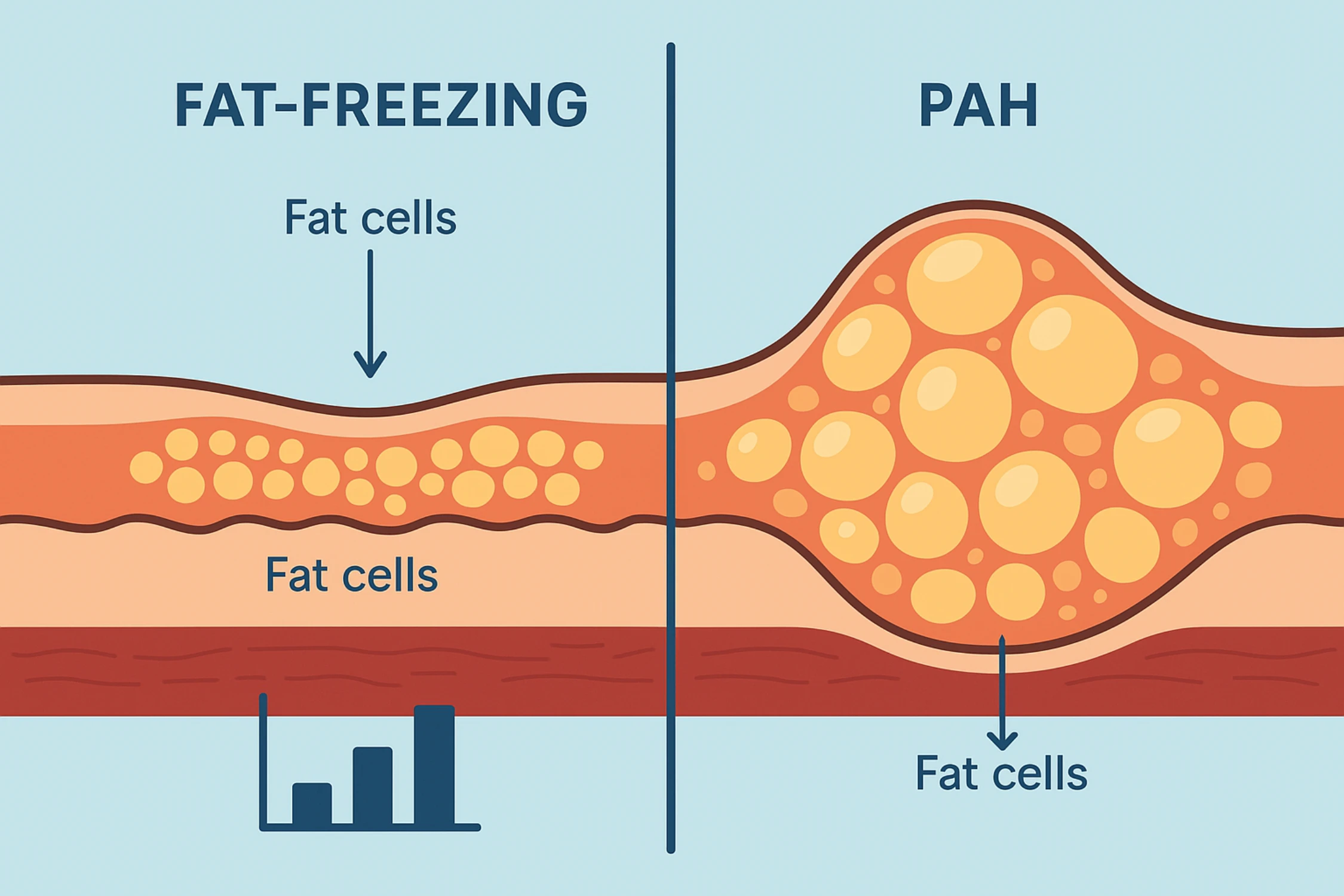 Split‑screen cross‑section of abdomen showing normal fat reduction vs. enlarged fat bulge labeled PAH