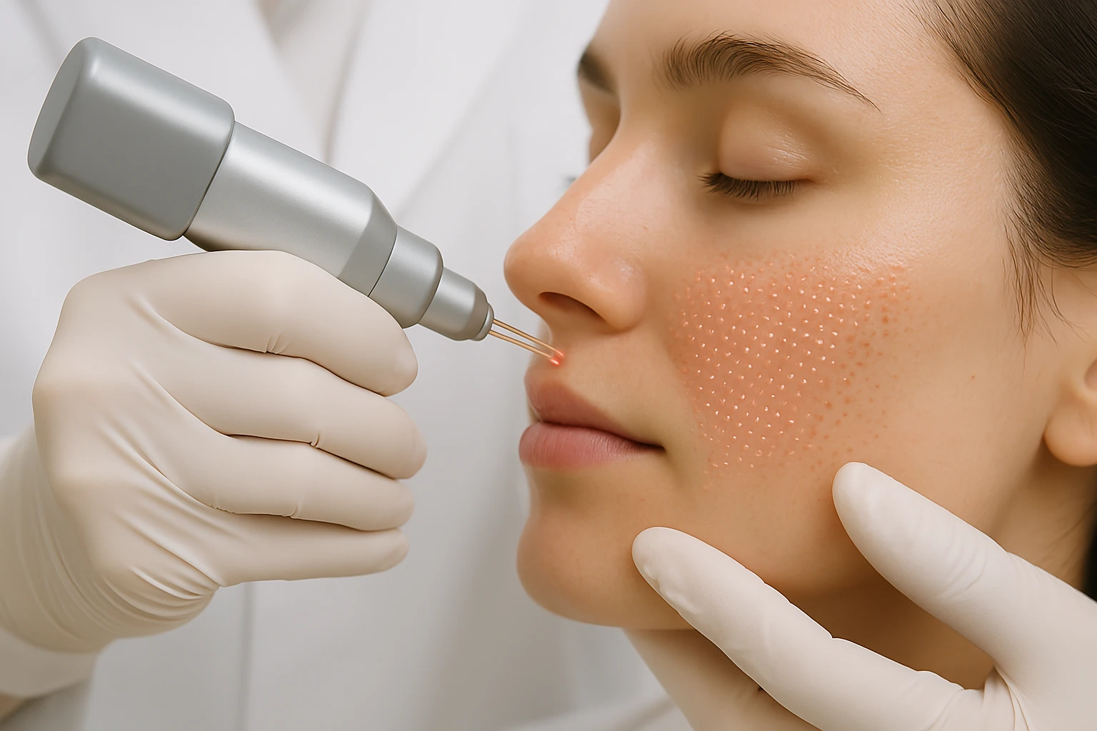 Laser resurfacing reducing acne scars and enlarged pores