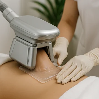 Patient lying on treatment table with cryolipolysis applicator being positioned on lower abdomen in a modern medical spa