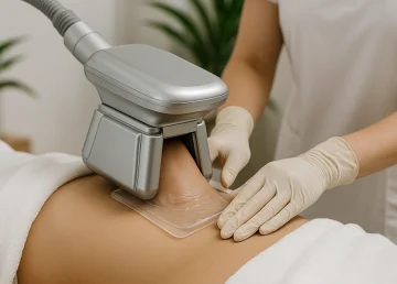 Patient lying on treatment table with cryolipolysis applicator being positioned on lower abdomen in a modern medical spa