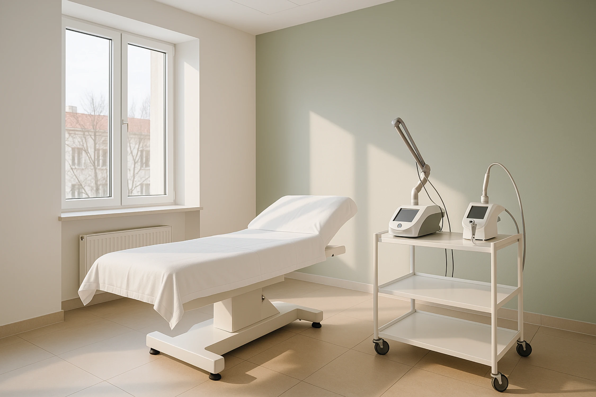 Modern aesthetic clinic treatment room with minimalist design, treatment bed, and cutting-edge devices