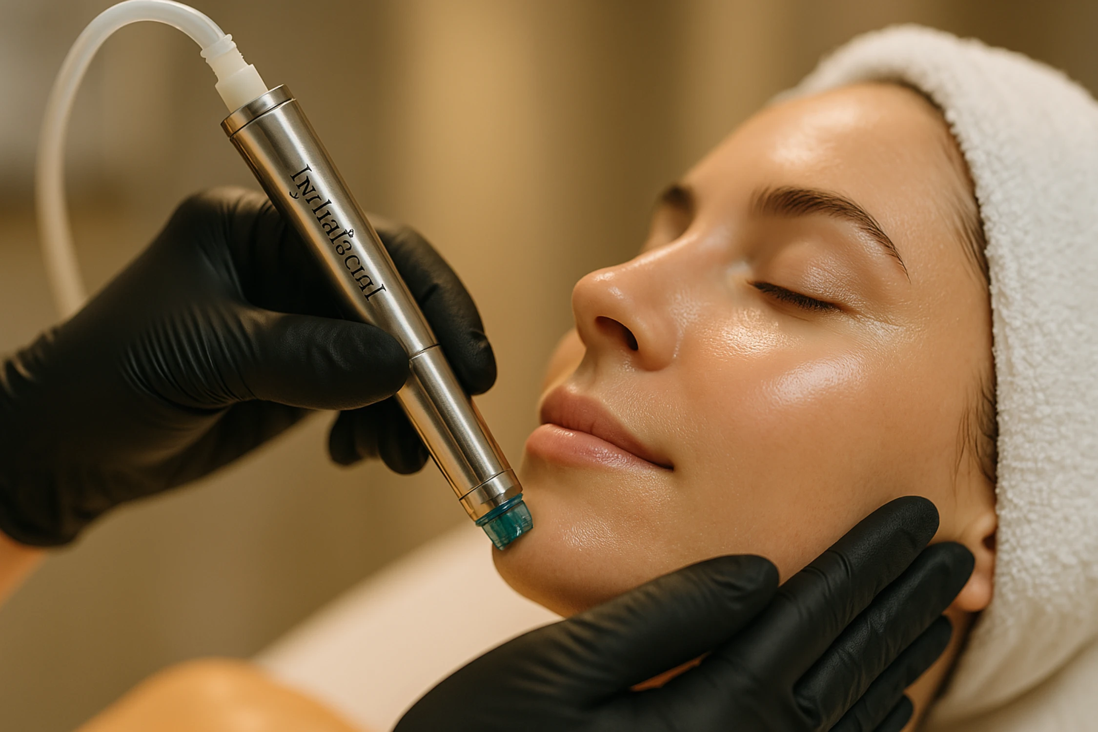 Clinician performing HydraFacial treatment on patient’s face with professional handpiece in clinic