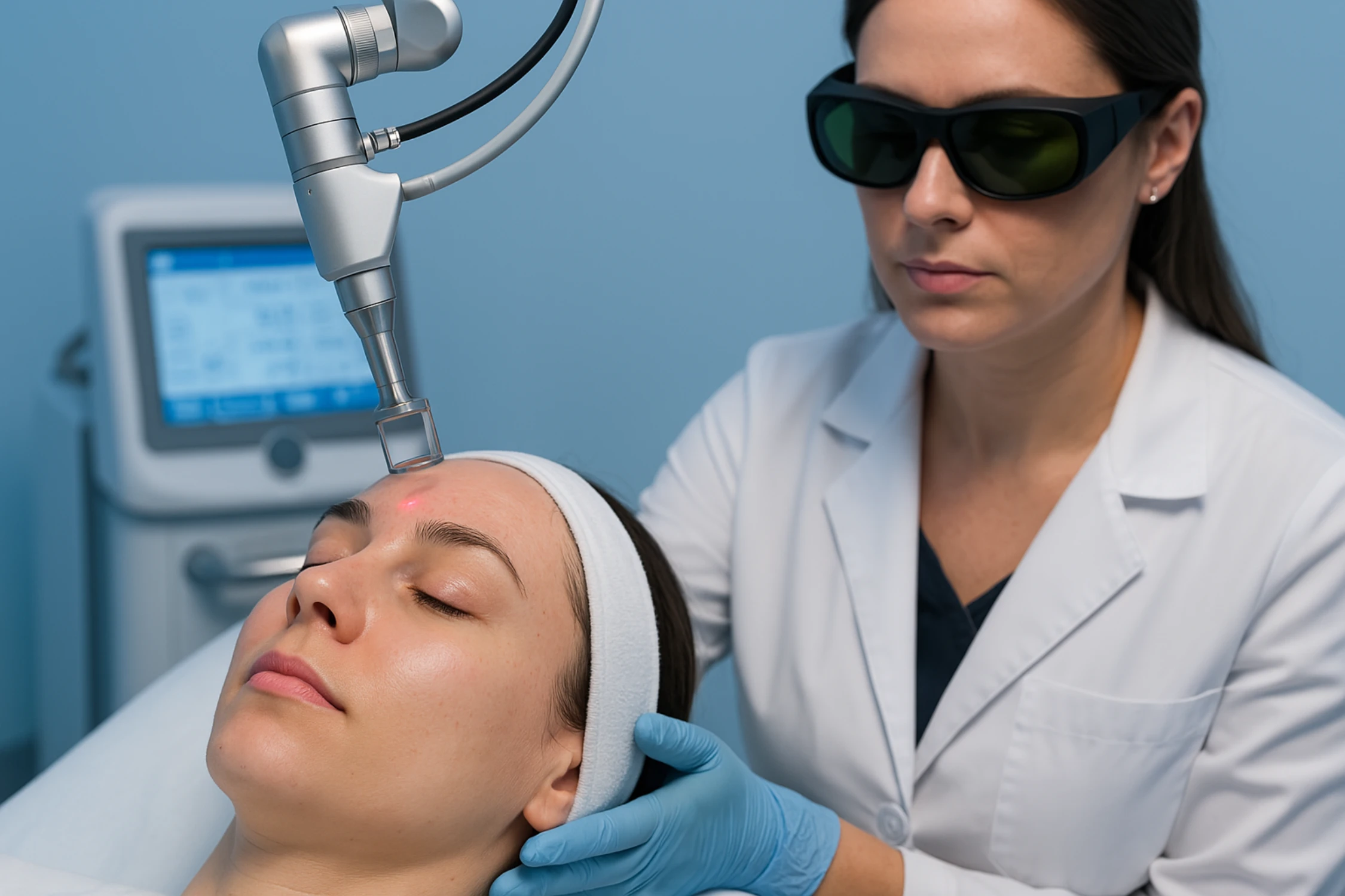 Patient undergoing fractional CO₂ laser skin resurfacing while clinician wears protective eyewear

