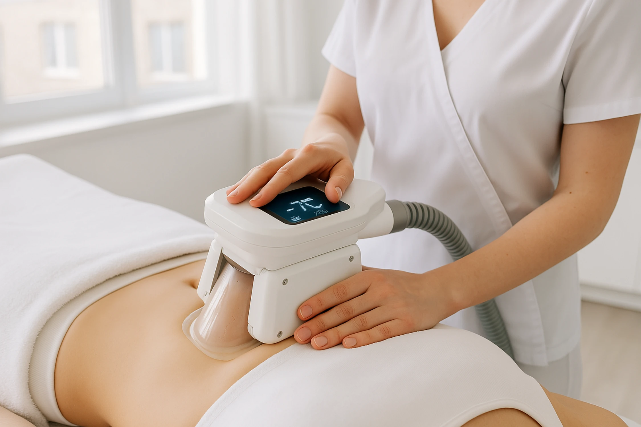 Cryolipolysis fat-freezing applicator attached to patient’s abdomen in a clean treatment room

