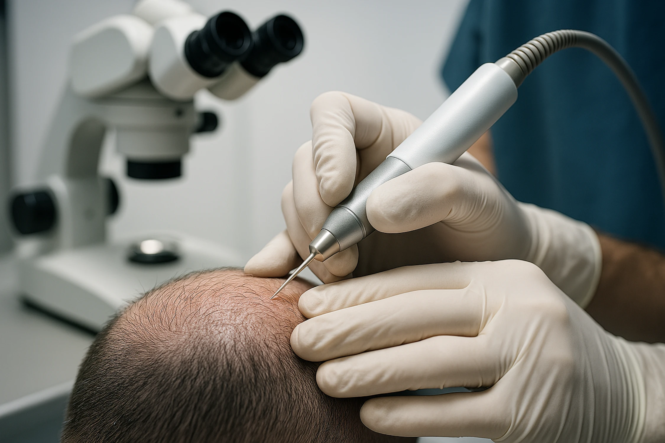 Surgeon using a hair transplant micromotor tool on patient’s scalp under surgical lighting

