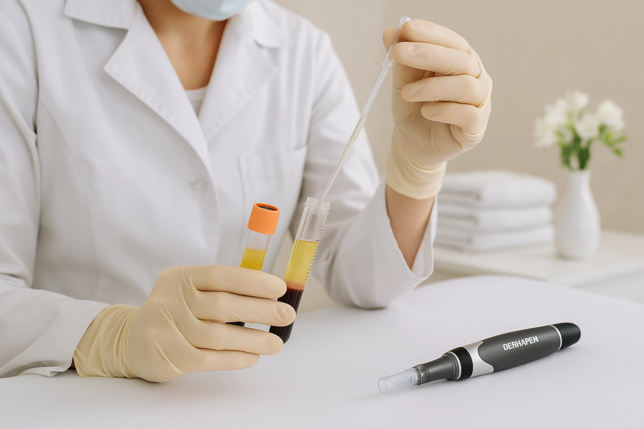 Clinician preparing PRP syringe next to Dermapen microneedling pen and centrifuge tube


