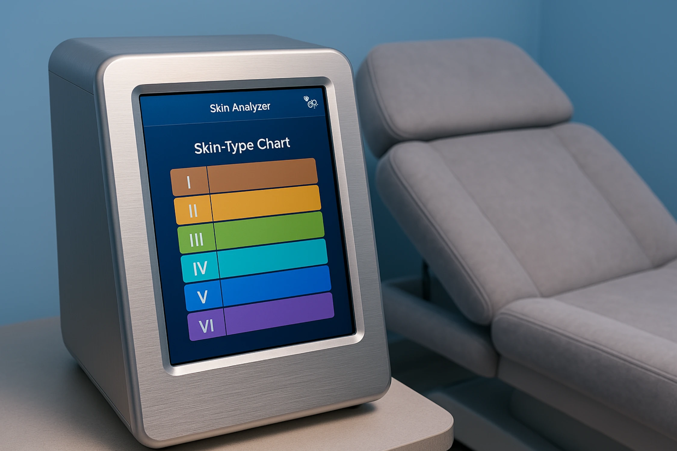 Digital skin analyzer next to a treatment couch displaying a colorful skin-type analysis chart


