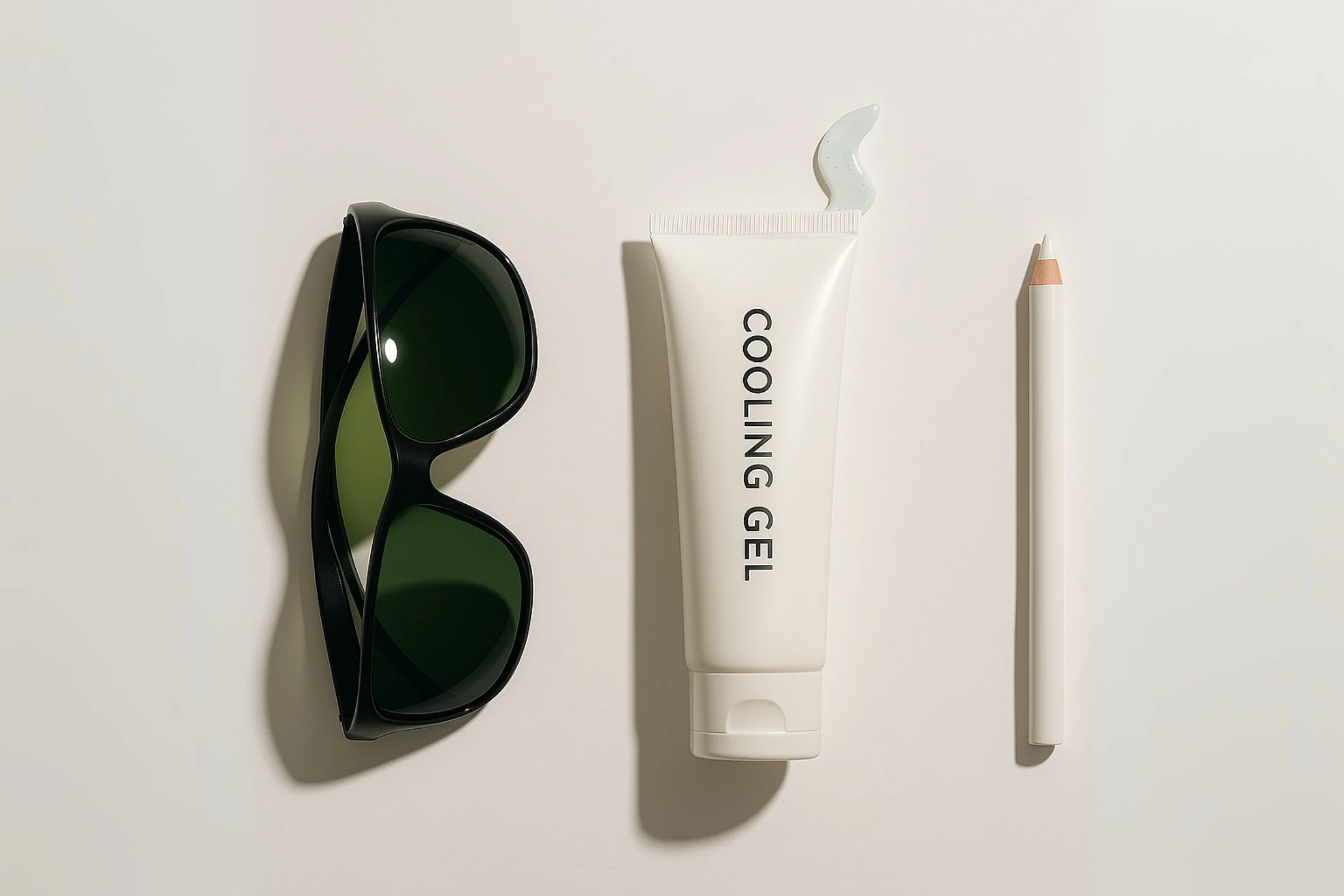 Flat-lay of laser safety glasses, cooling gel tube, and white marking pencil on white background


