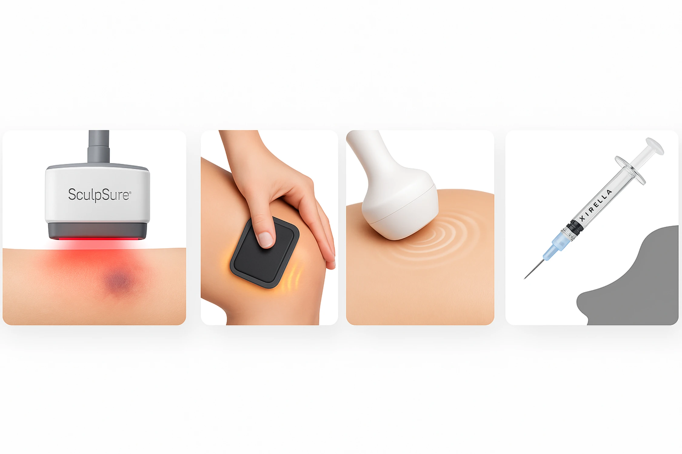 Row of four thumbnails: SculpSure laser device, RF applicator on thigh, ultrasound probe on abdomen, Kybella syringe over chin