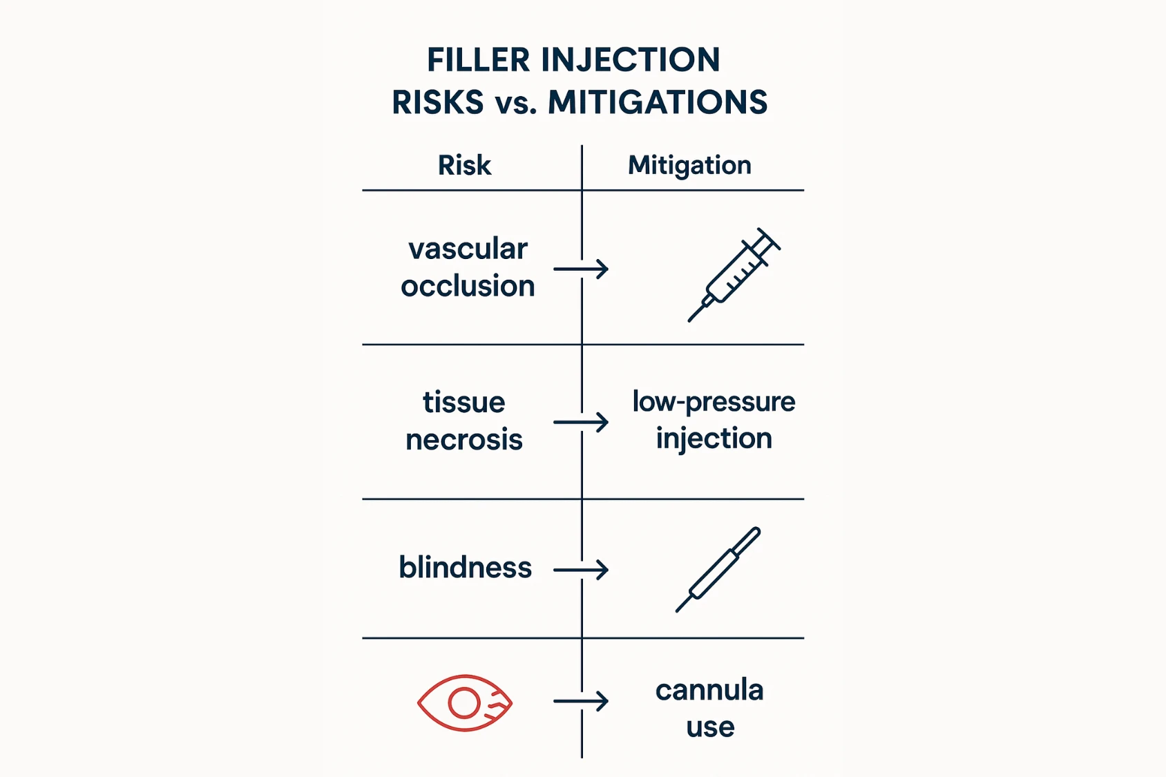 Risk versus mitigation infographic showing vascular occlusion, tissue necrosis, blindness and their safe filler injection techniques