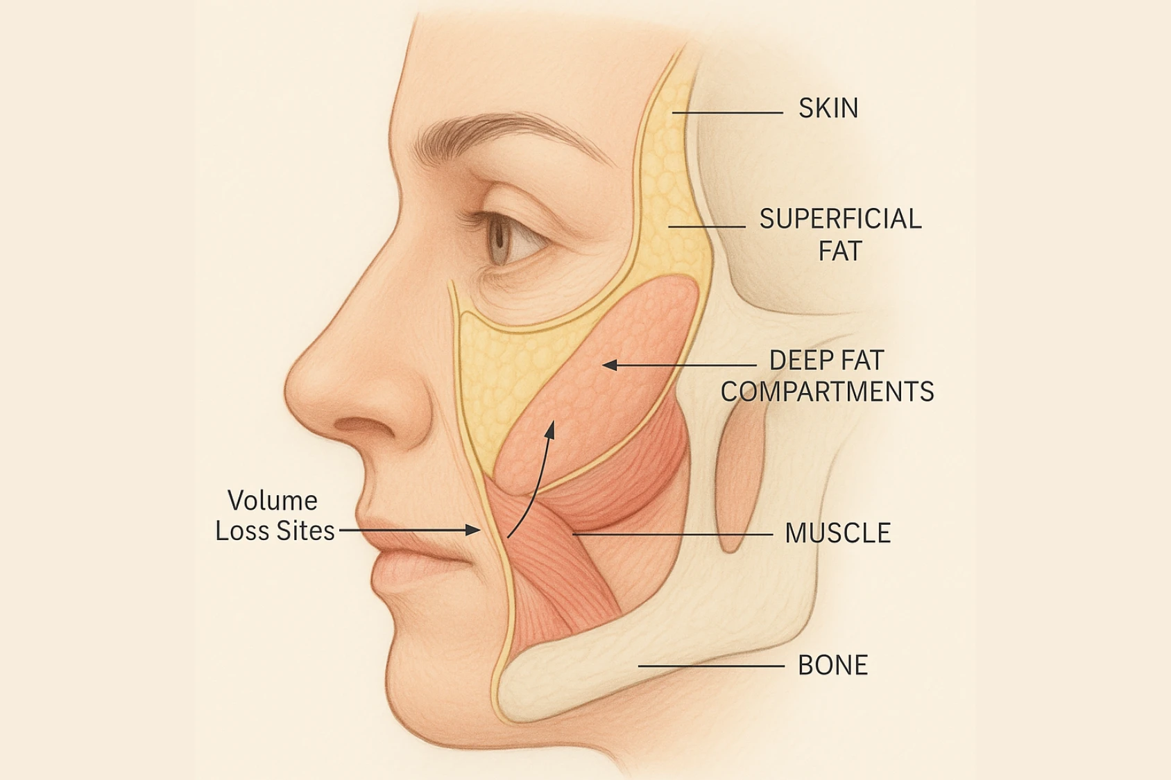 Cross‑sectional layered facial anatomy illustration highlighting skin, fat, muscle, bone for safe filler injection techniques