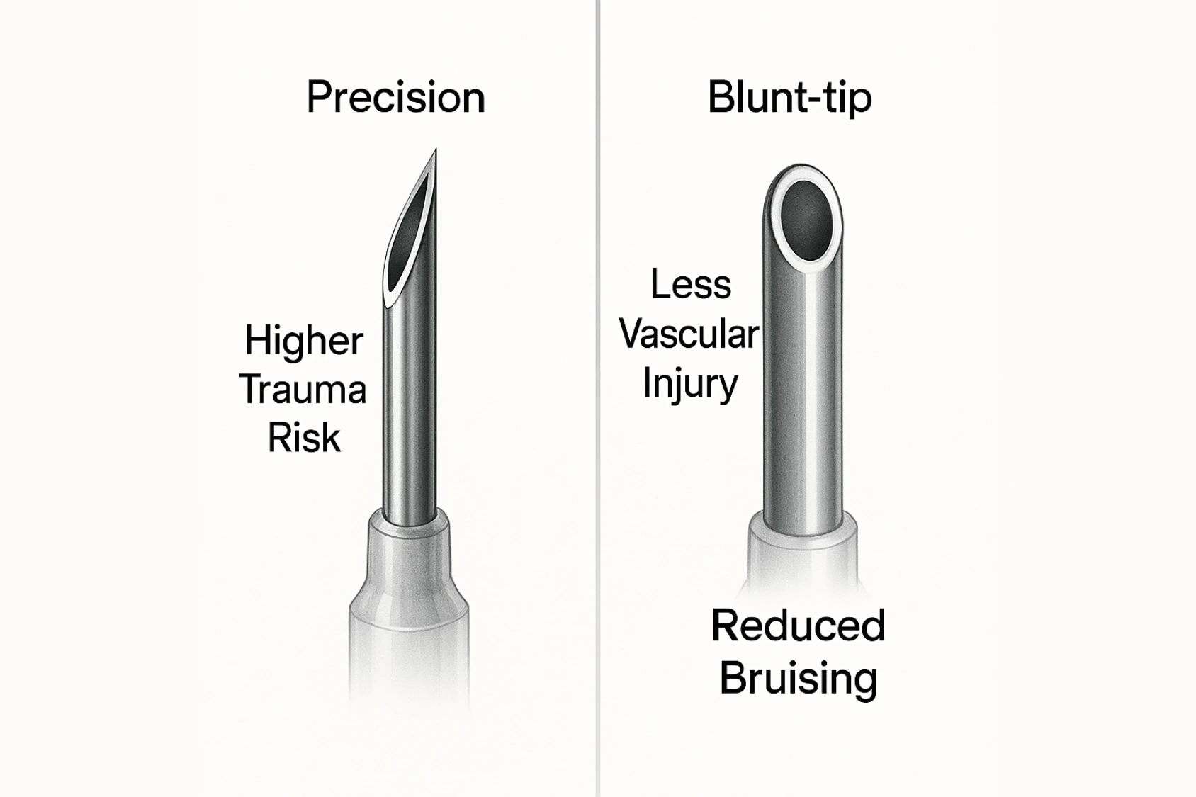 Split‑screen illustration comparing needle precision versus cannula safety in safe filler injection techniques