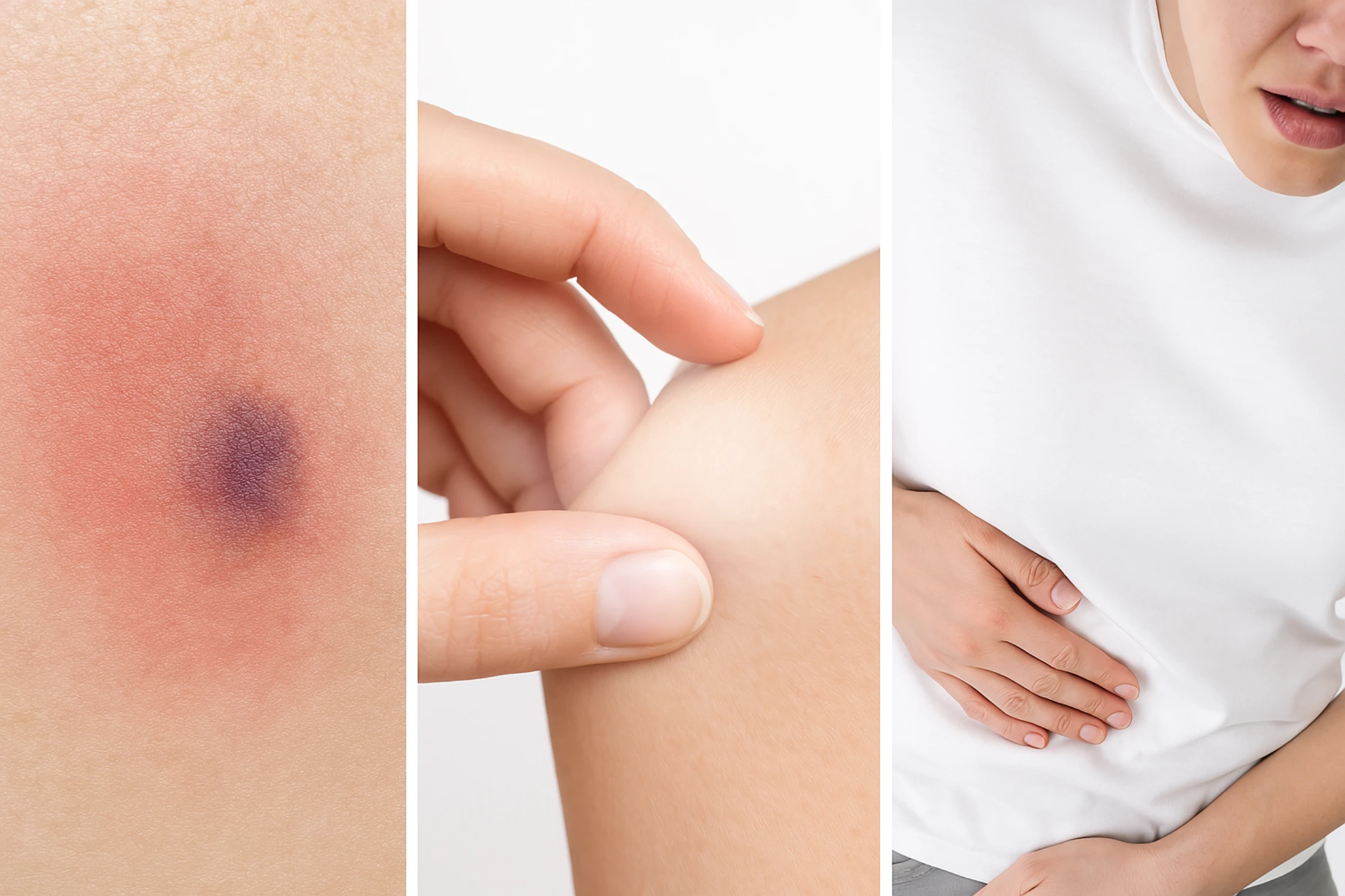 Montage of mild cryolipolysis side effects: red swollen skin, hand pinching numb area, patient holding side in discomfort