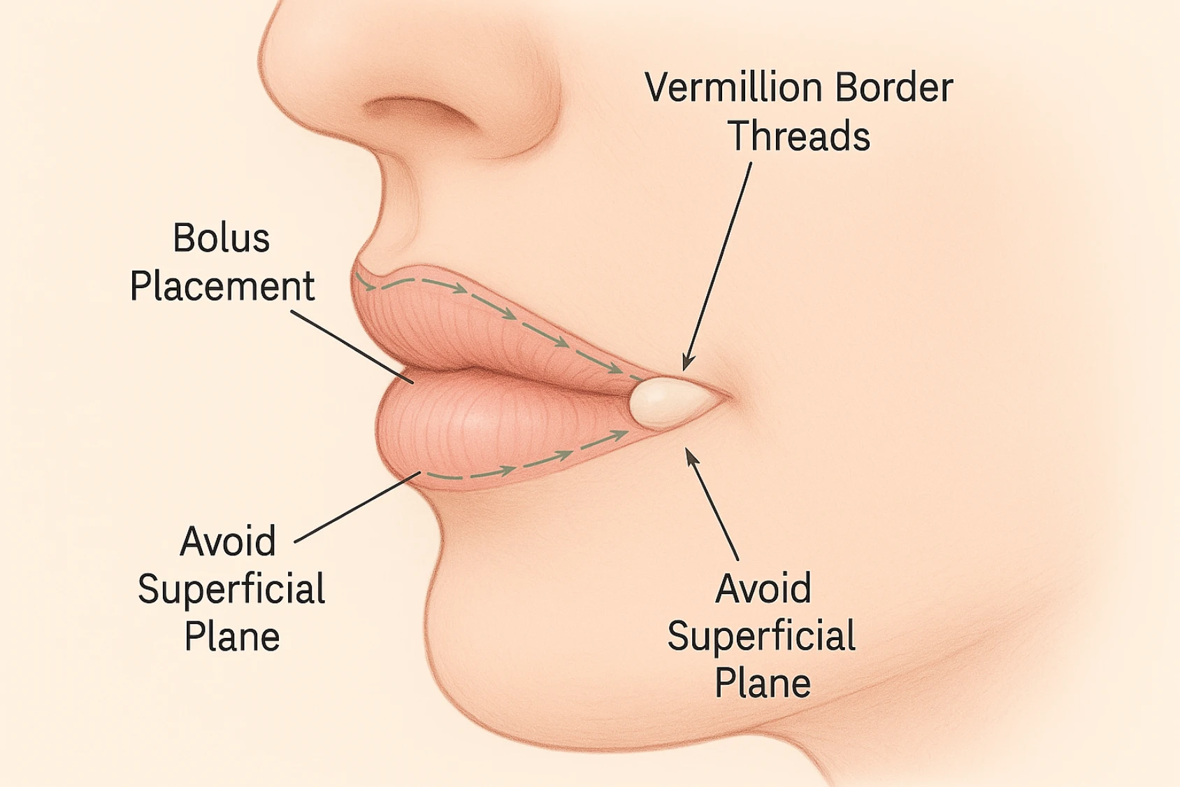 Profile view of lips with micro‑thread and bolus injection techniques for safe filler injection techniques