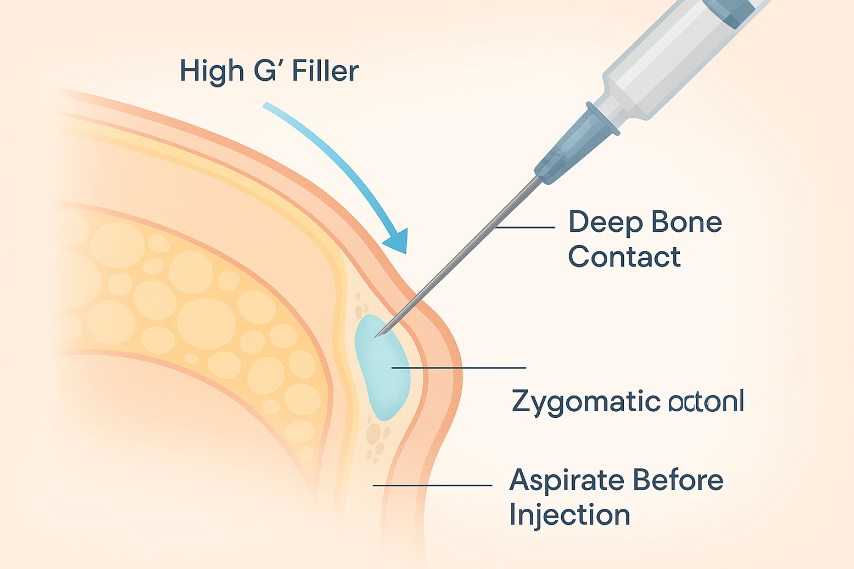 Lateral cheek cross‑section showing deep supraperiosteal needle injection on zygomatic bone for safe filler injection techniques