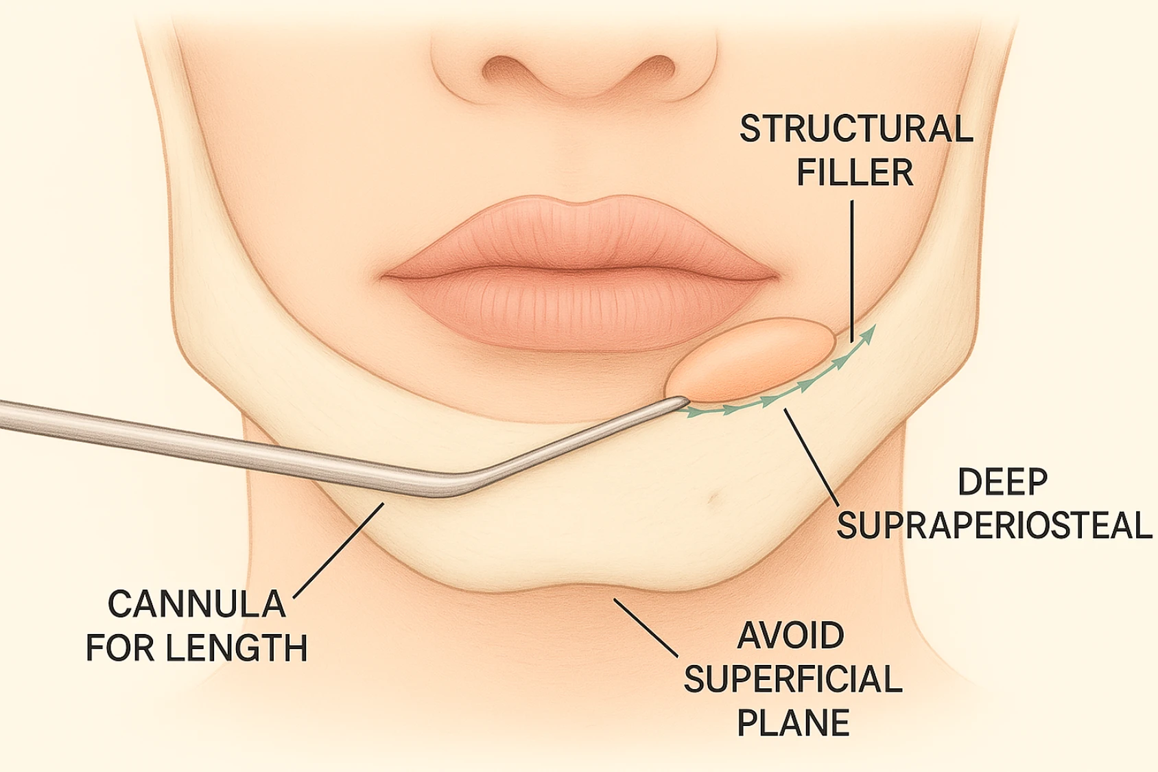 Frontal jawline and chin cross‑section illustrating deep supraperiosteal cannula injection for safe filler injection techniques