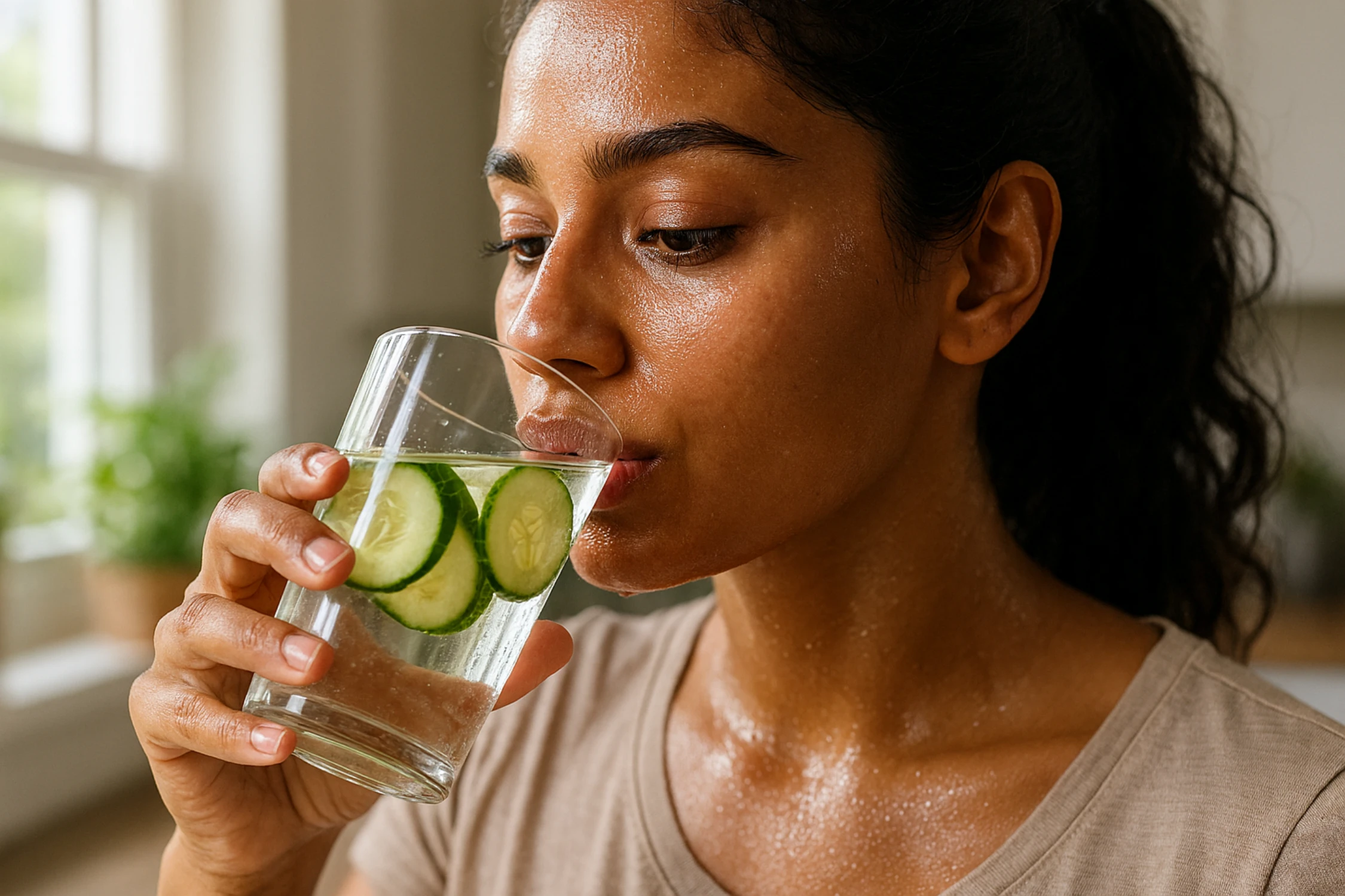 Person drinking a glass of cucumber water for skin hydration.