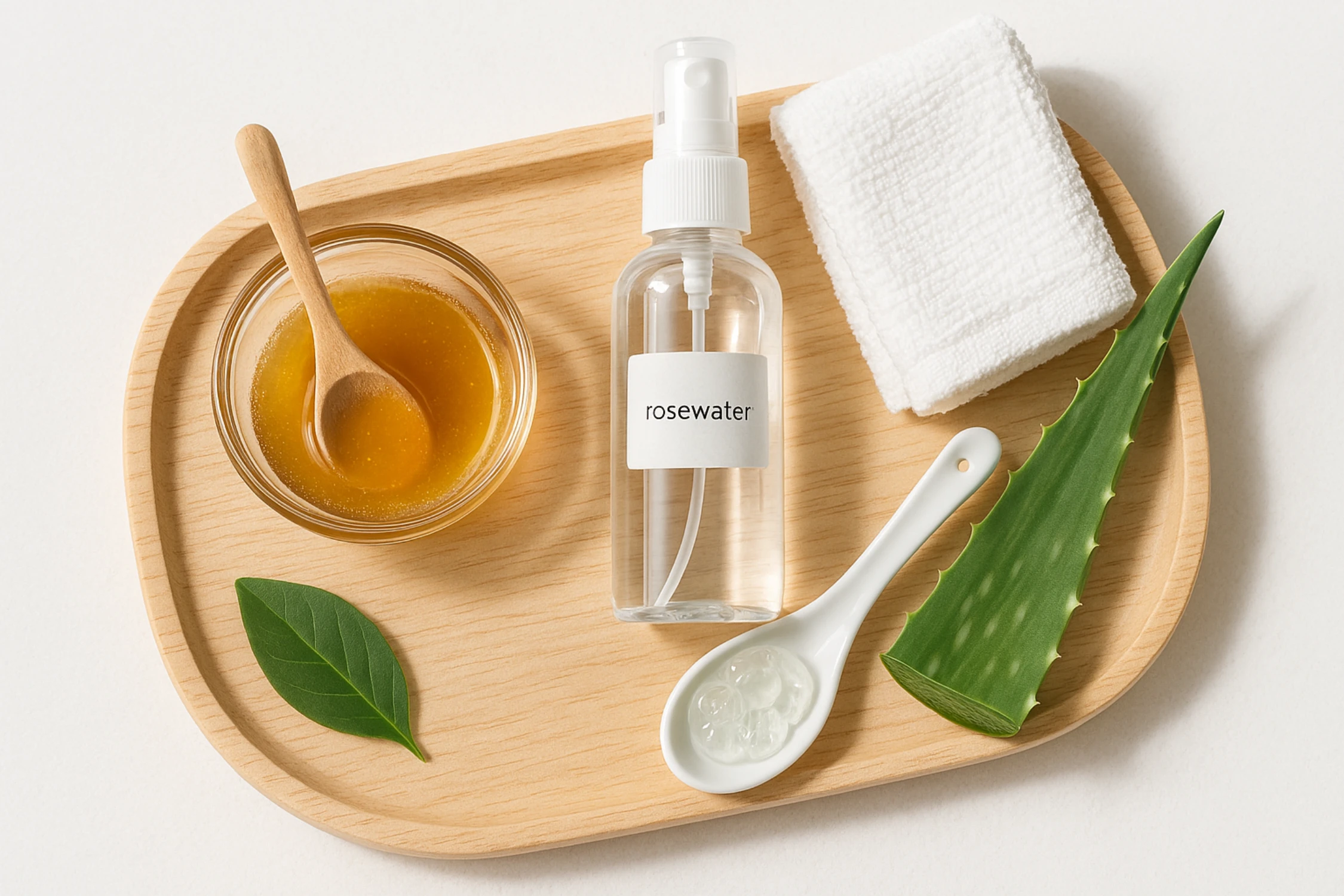 Flat-lay of homemade cleanser, rosewater spray, and aloe vera gel on a tray.