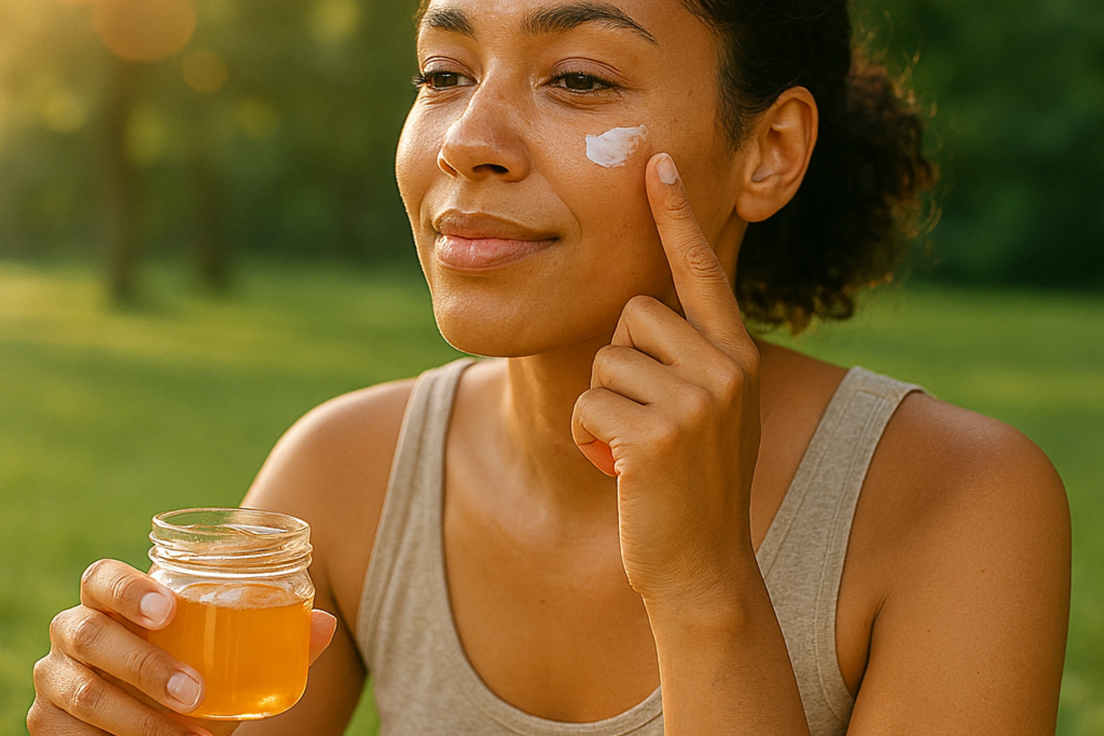 Person applying lightweight cream to face outdoors, hat on lap.