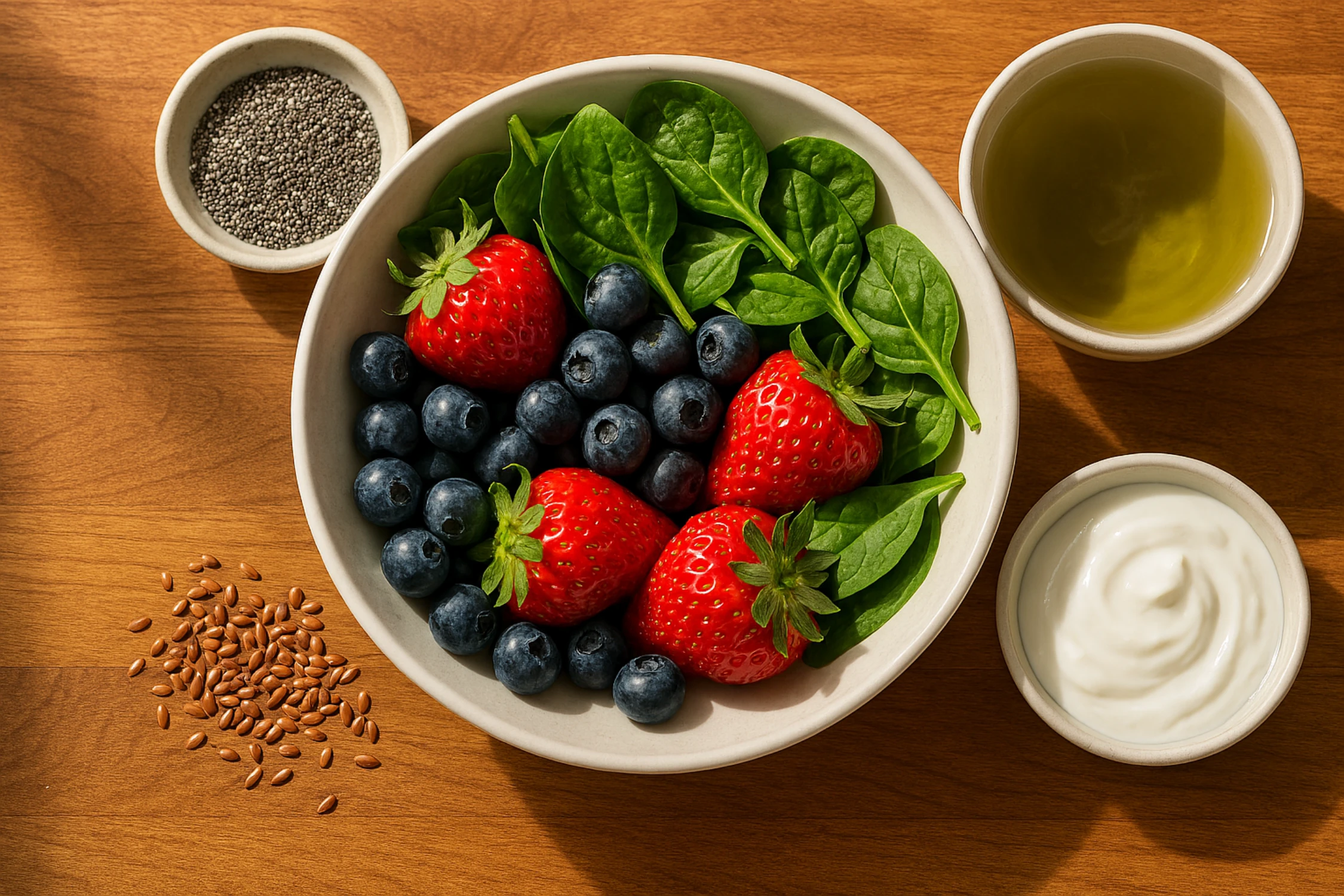 Bowl of antioxidant-rich foods and a cup of green tea on a wooden table