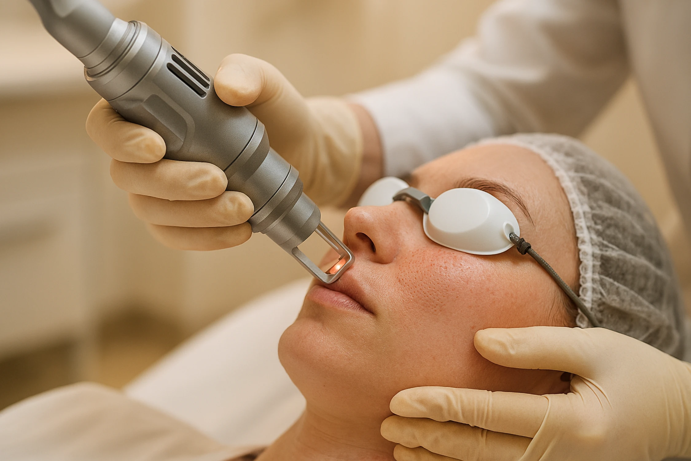 laser skin resurfacing procedure in clinic with protective eyewear