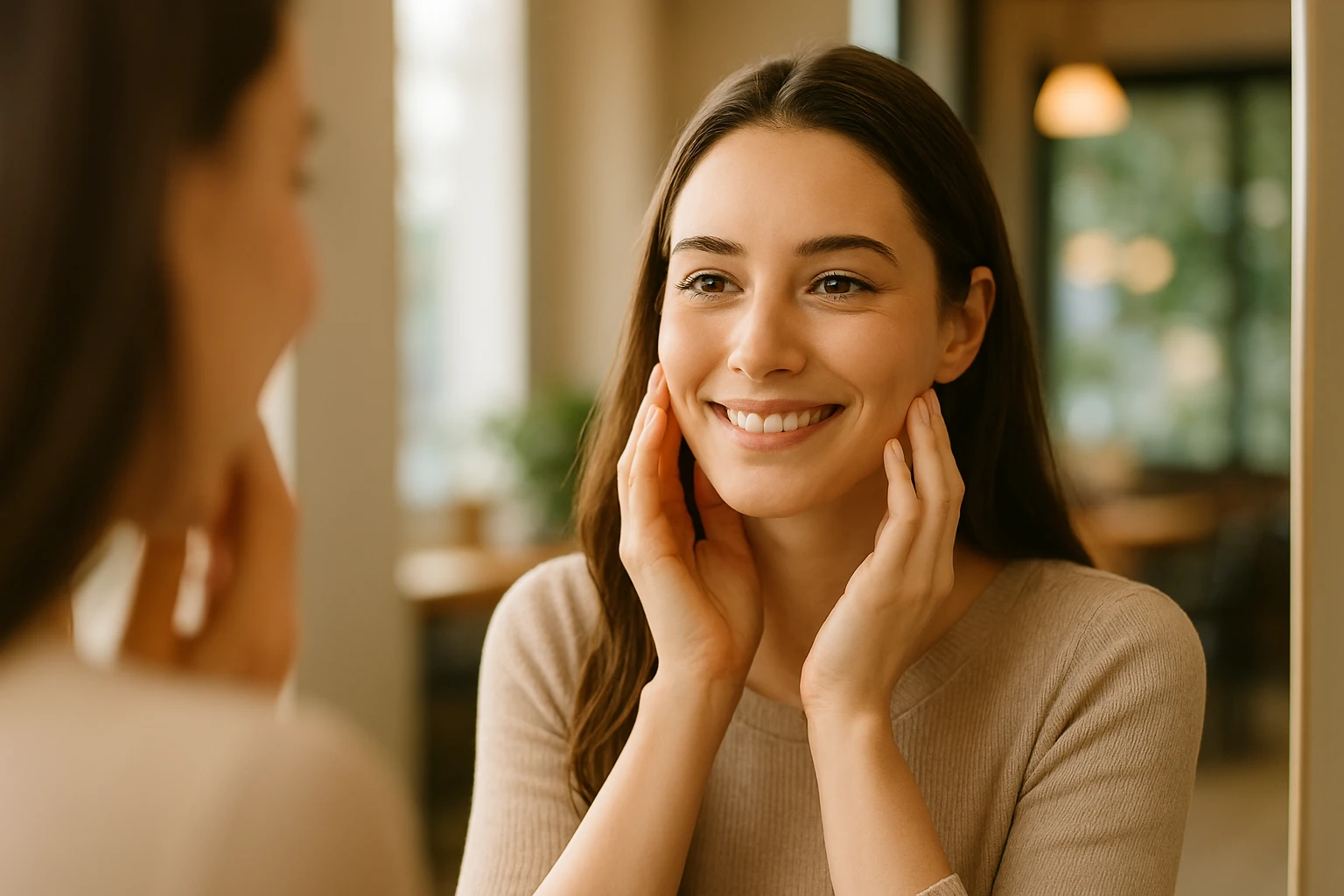 Confident woman admiring glowing skin after rejuvenation treatment