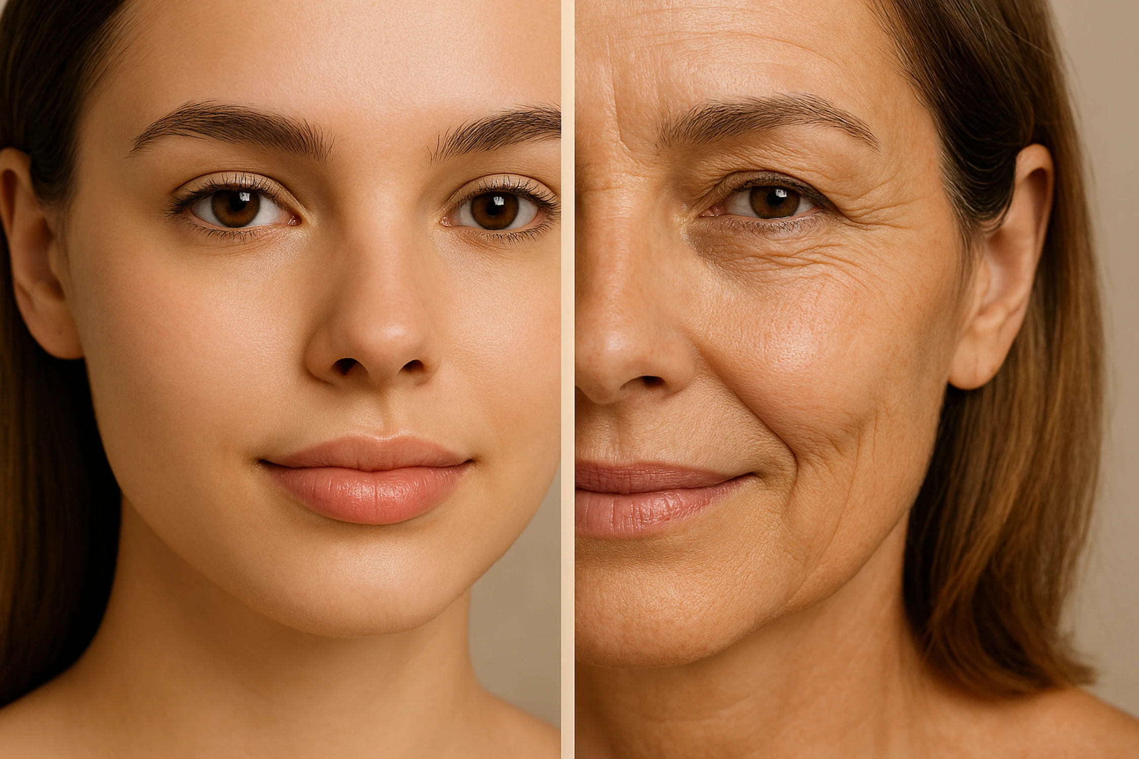 Comparison of young and older skin showing smile lines causes from aging and collagen loss