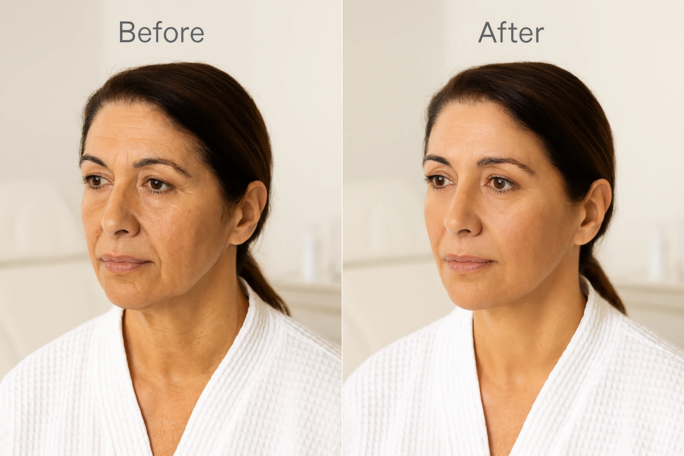 Before and after facial rejuvenation comparison for Agnes RF vs Morpheus8 on Mediterranean skin, highlighting tightening and contouring