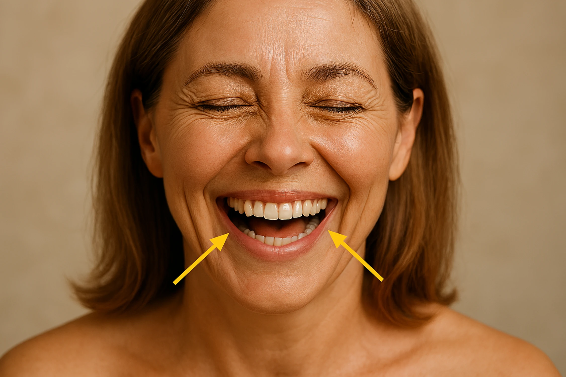 Woman laughing with pronounced smile lines caused by repetitive facial expressions.