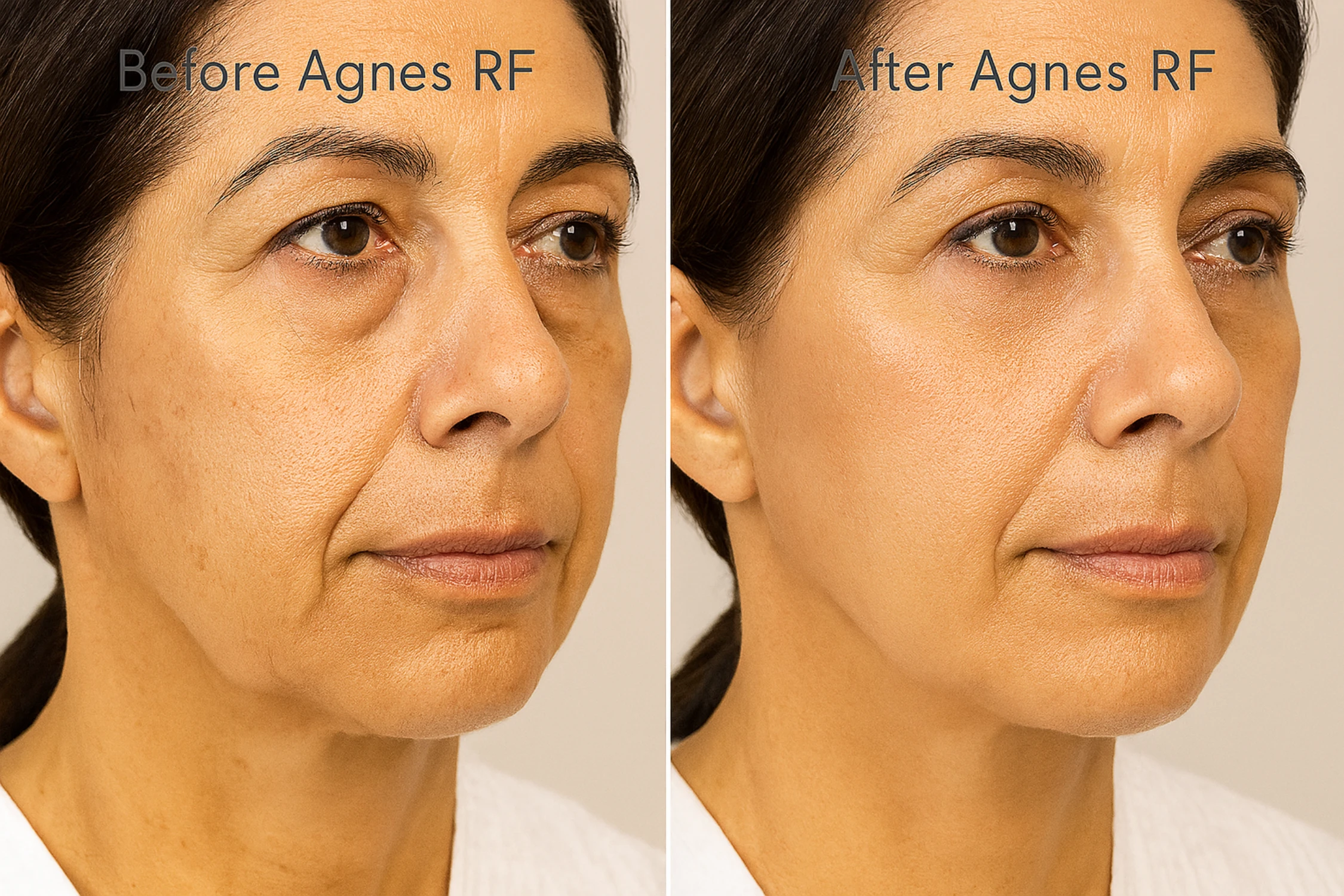 Agnes RF before and after results for under-eye bags and jowls, demonstrating precise skin tightening and fat reduction.