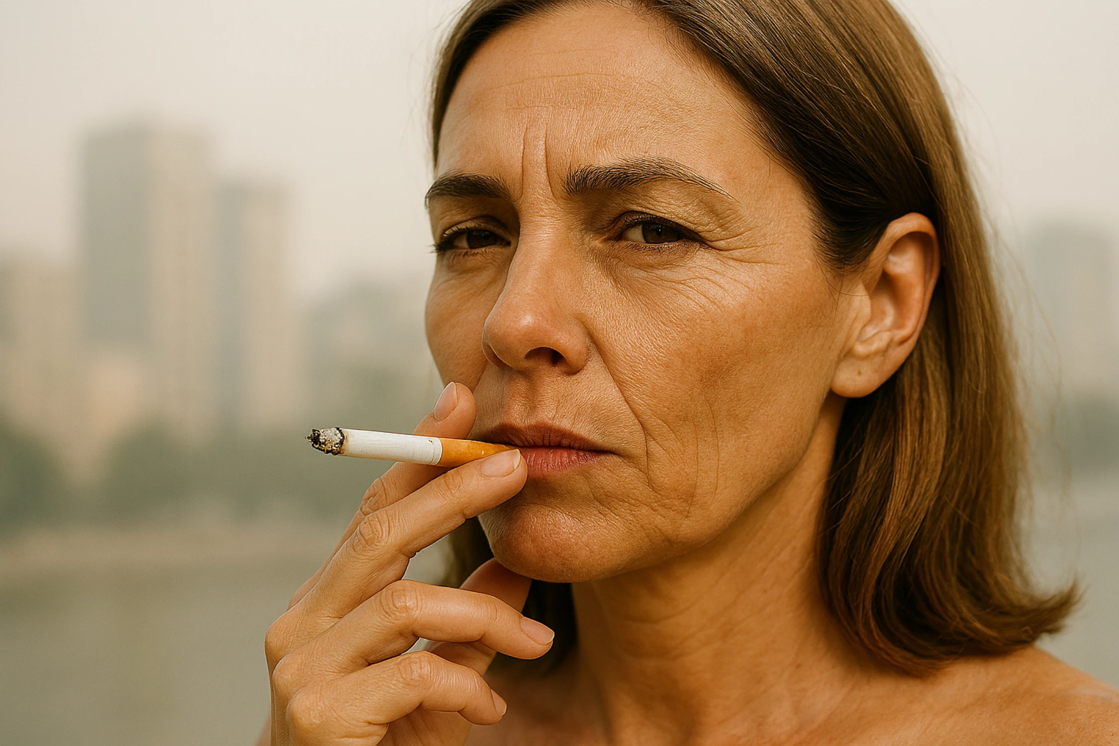 Woman smoking with visible wrinkles around the mouth, showing smoking as a major cause of smile lines.