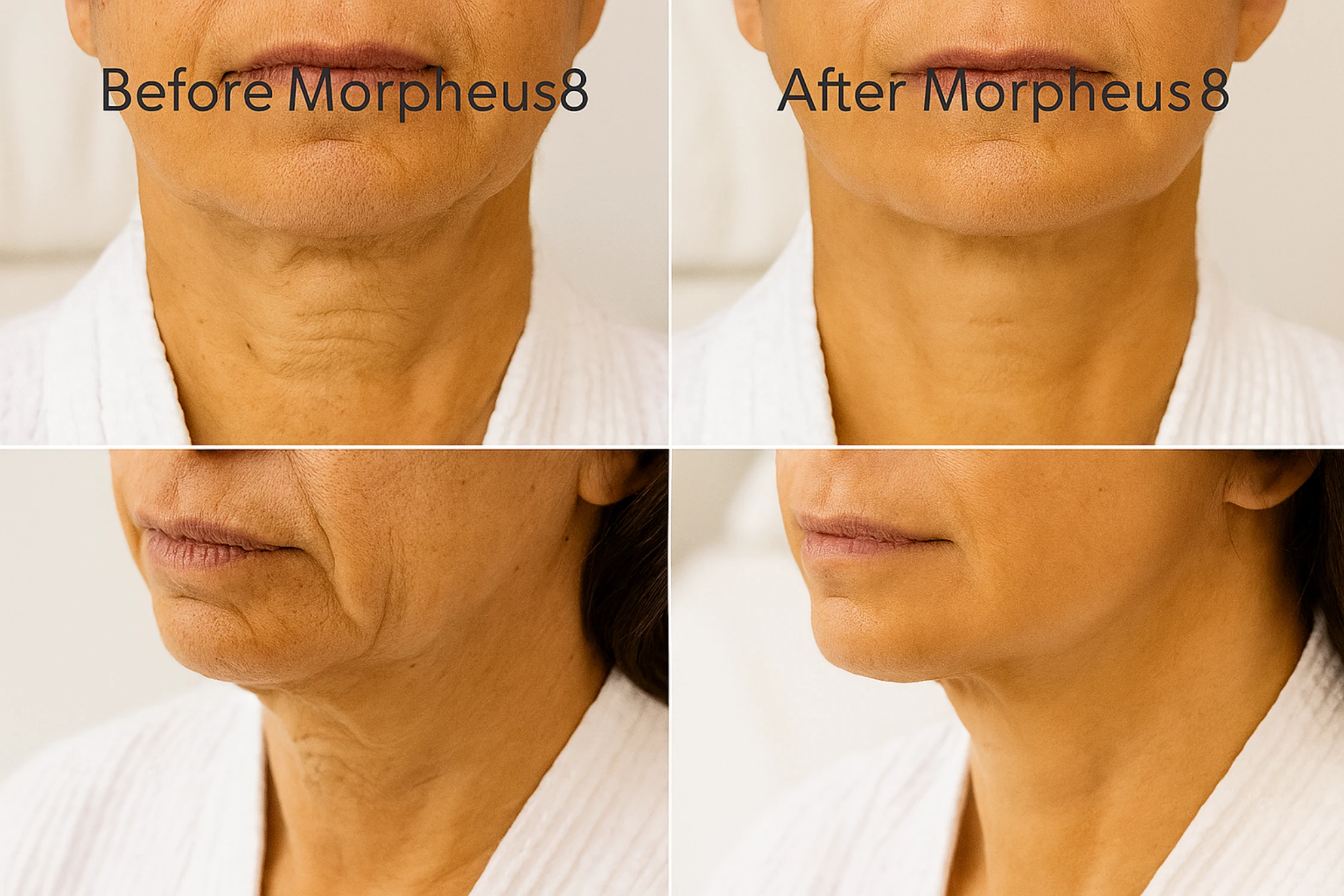 Morpheus8 before and after photo showing improved skin texture and firmness on neck and jawline from fractional RF treatment.
