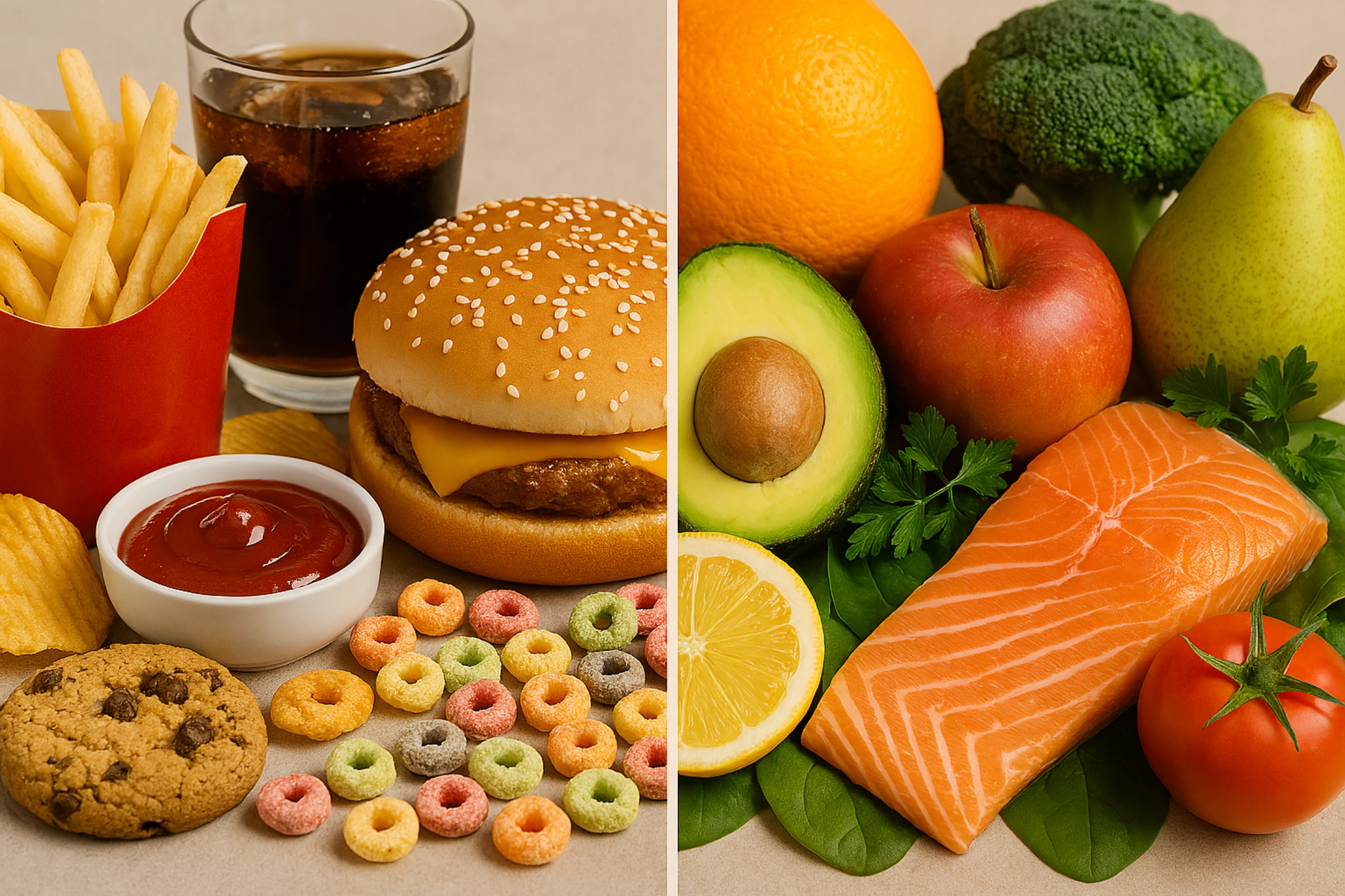 Unhealthy junk food compared with fruits and vegetables to show diet as a smile lines cause.