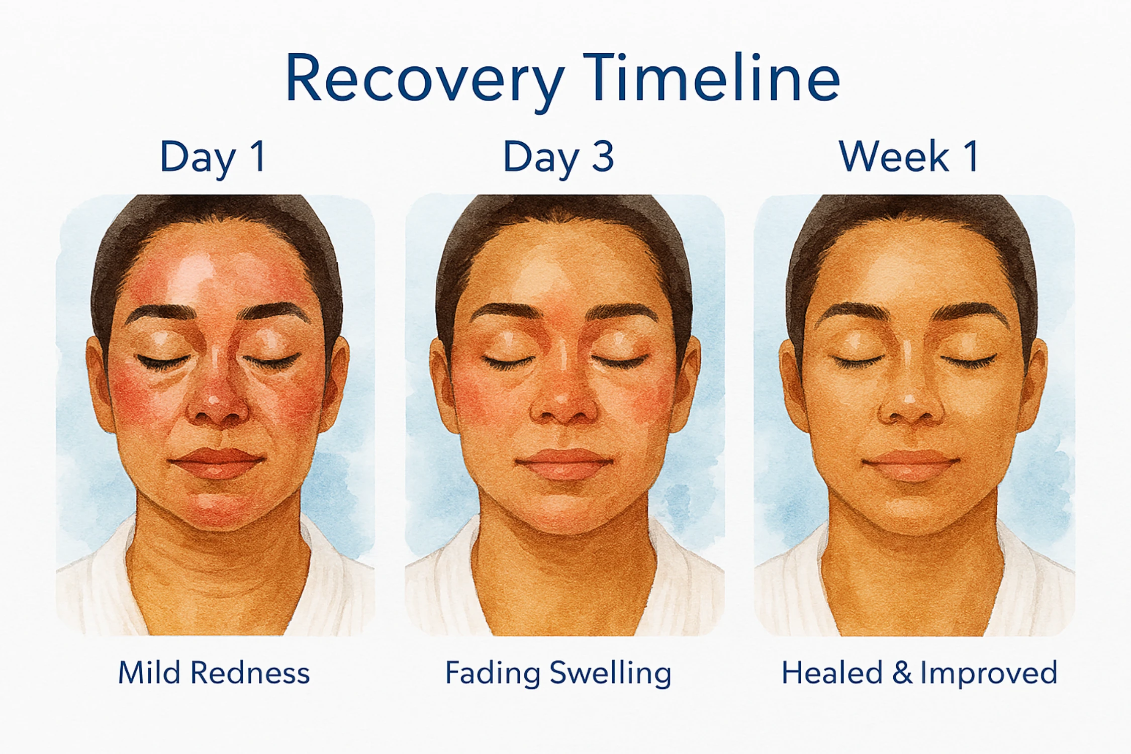 Timeline of radiofrequency treatment recovery stages with minimal downtime for Agnes RF and Morpheus8 procedures.