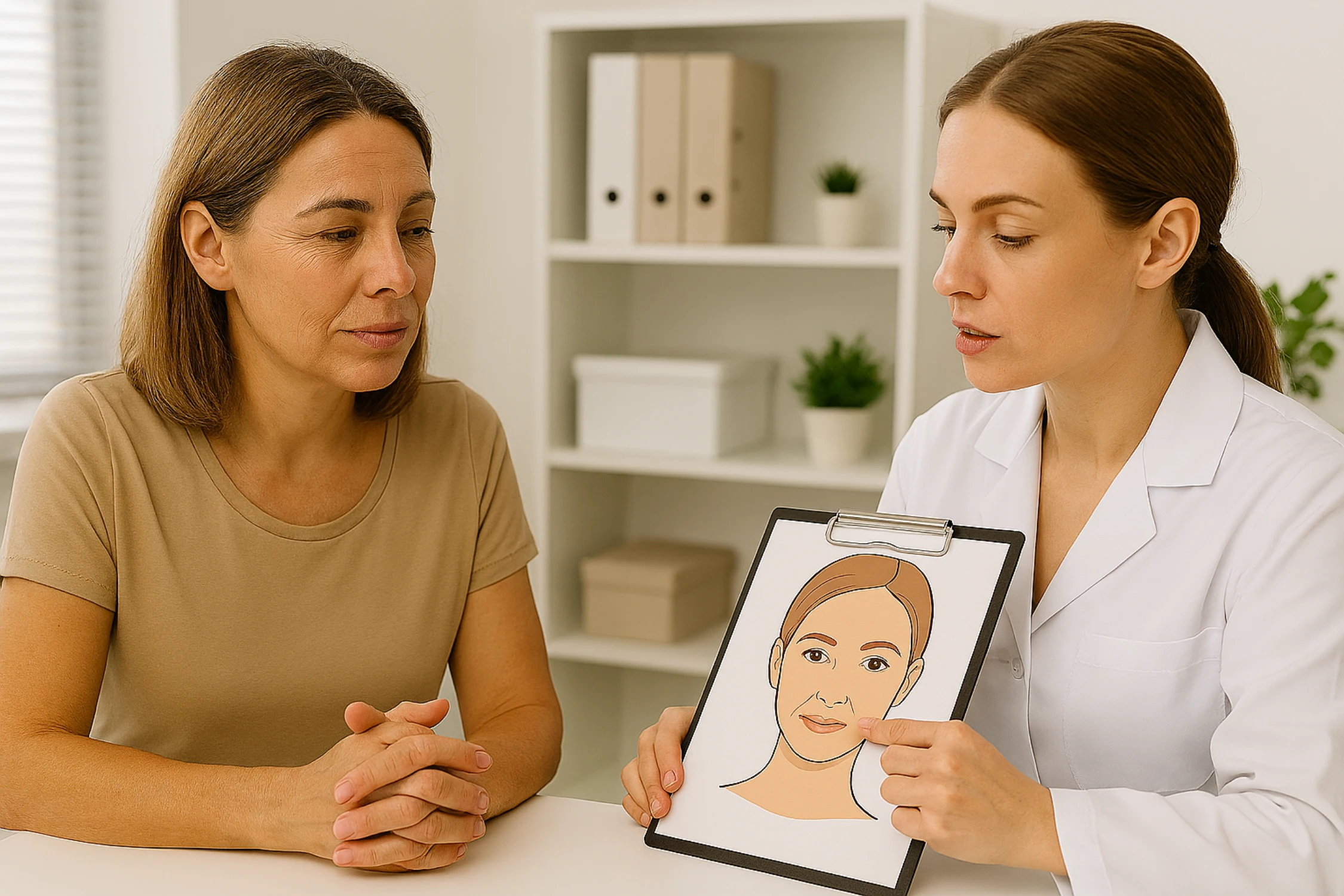 Dermatologist consulting a patient about professional treatments for smile lines and laugh lines.