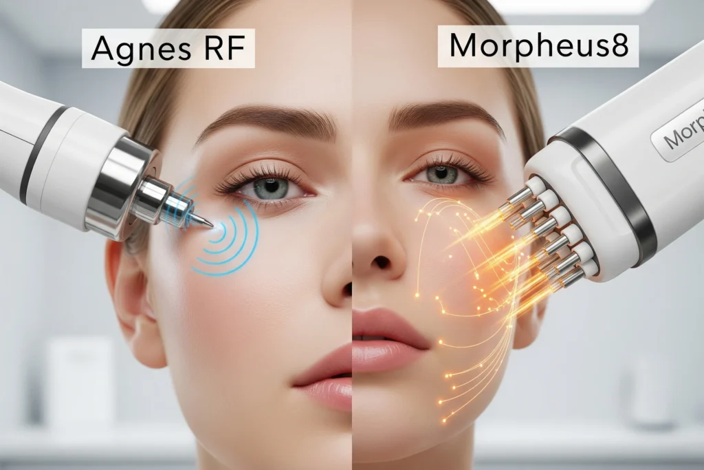 Agnes RF vs Morpheus8 device comparison showing targeted precision on left and fractional remodeling on right for skin rejuvenation.