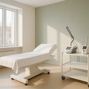 Modern aesthetic clinic treatment room with minimalist design, treatment bed, and cutting-edge devices
