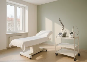 Modern aesthetic clinic treatment room with minimalist design, treatment bed, and cutting-edge devices